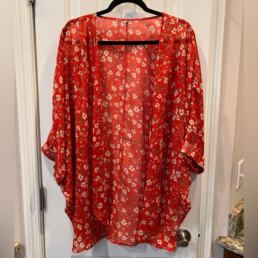 Red Floral Cardigan Kimono Wrap